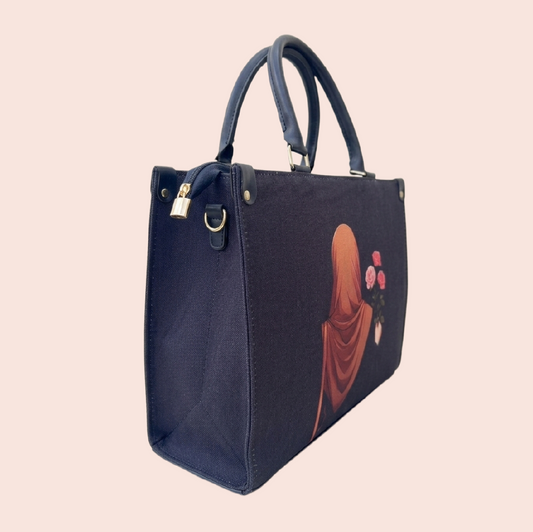 Floral Grace Tote – Navy Blue